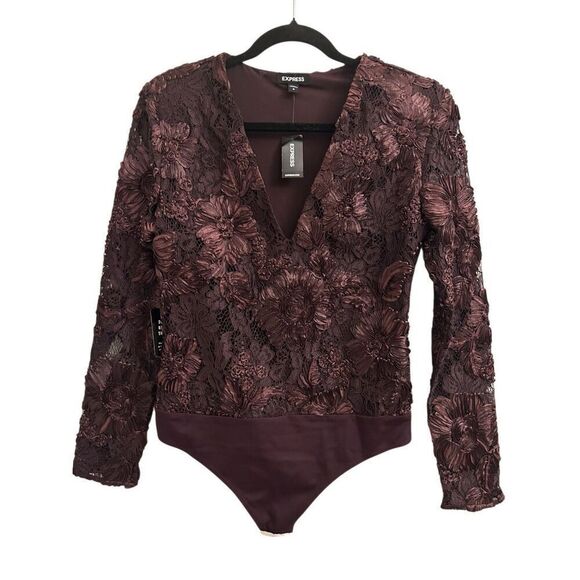 NWT Express Eggplant Purple Long Sleeve V Neck Lace Bodysuit Medium Floral Date - Picture 4 of 14